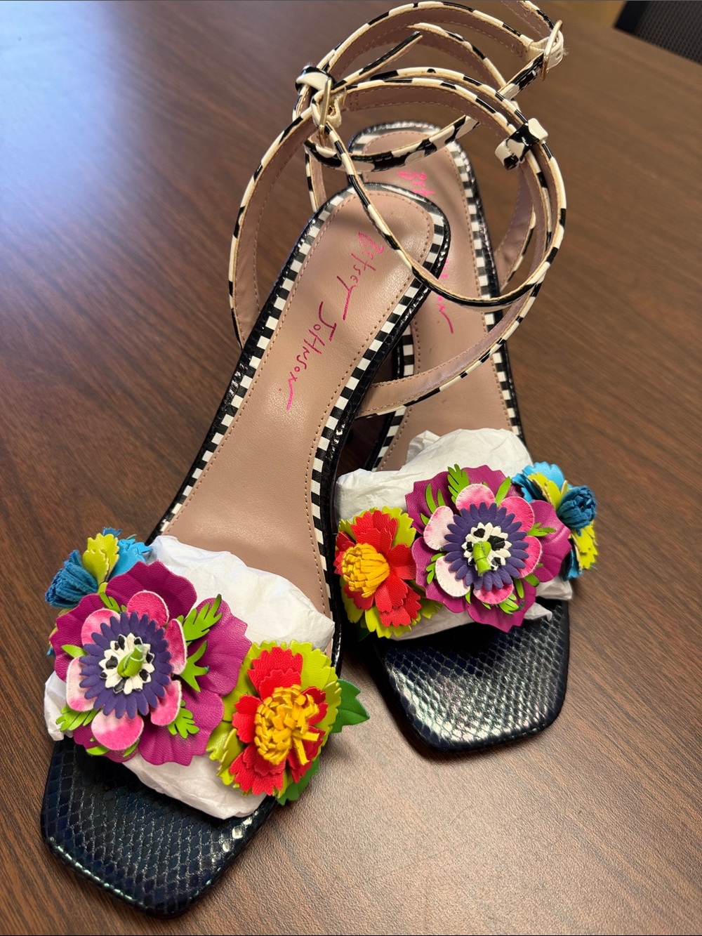 Betsey Johnson Black Strappy Heels with Multicolor Floral Appliqués